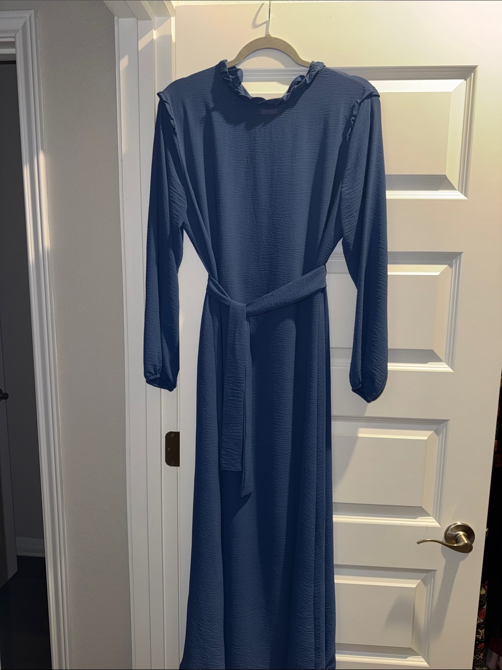 Women's Navy Long-Sleeve Maxi Dress with Self-Tie Belt